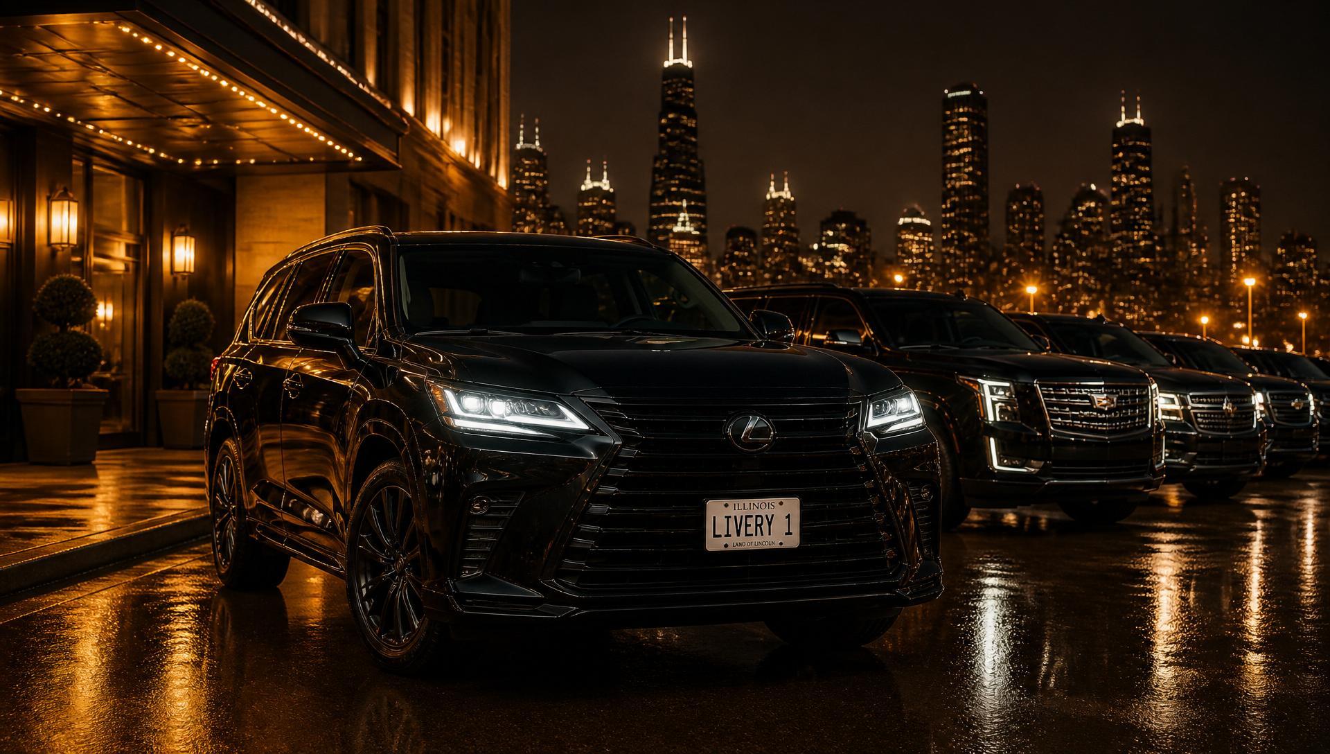 North Shore Limo's black luxury fleet lined up against the Chicago skyline at night