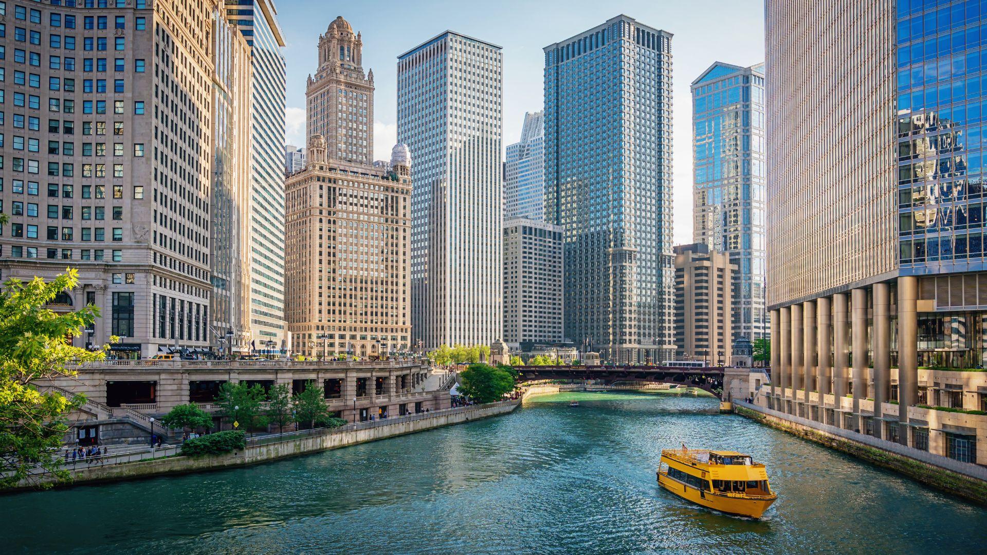 Chicago River and skyline on a clear day